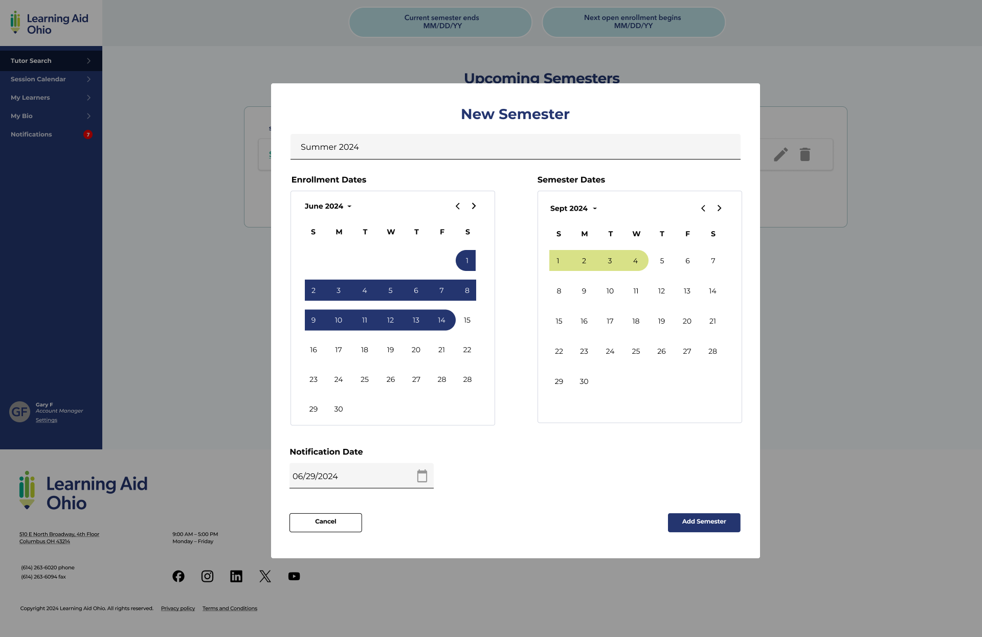 Semester management on desktop