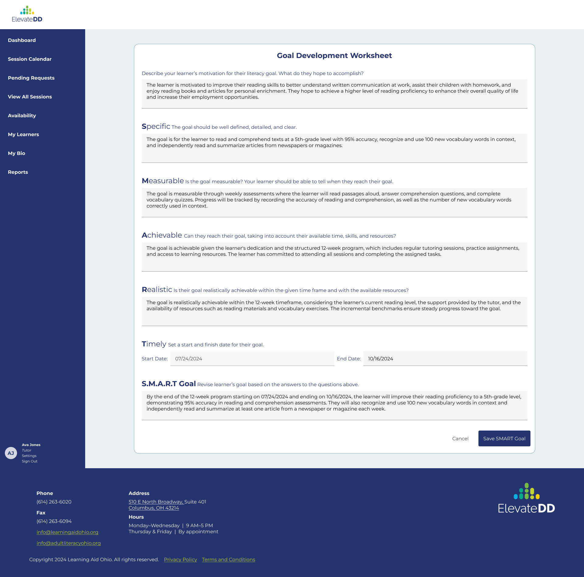 Goal development worksheet on desktop