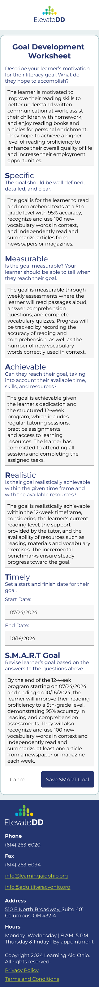 Goal development worksheet on mobile
