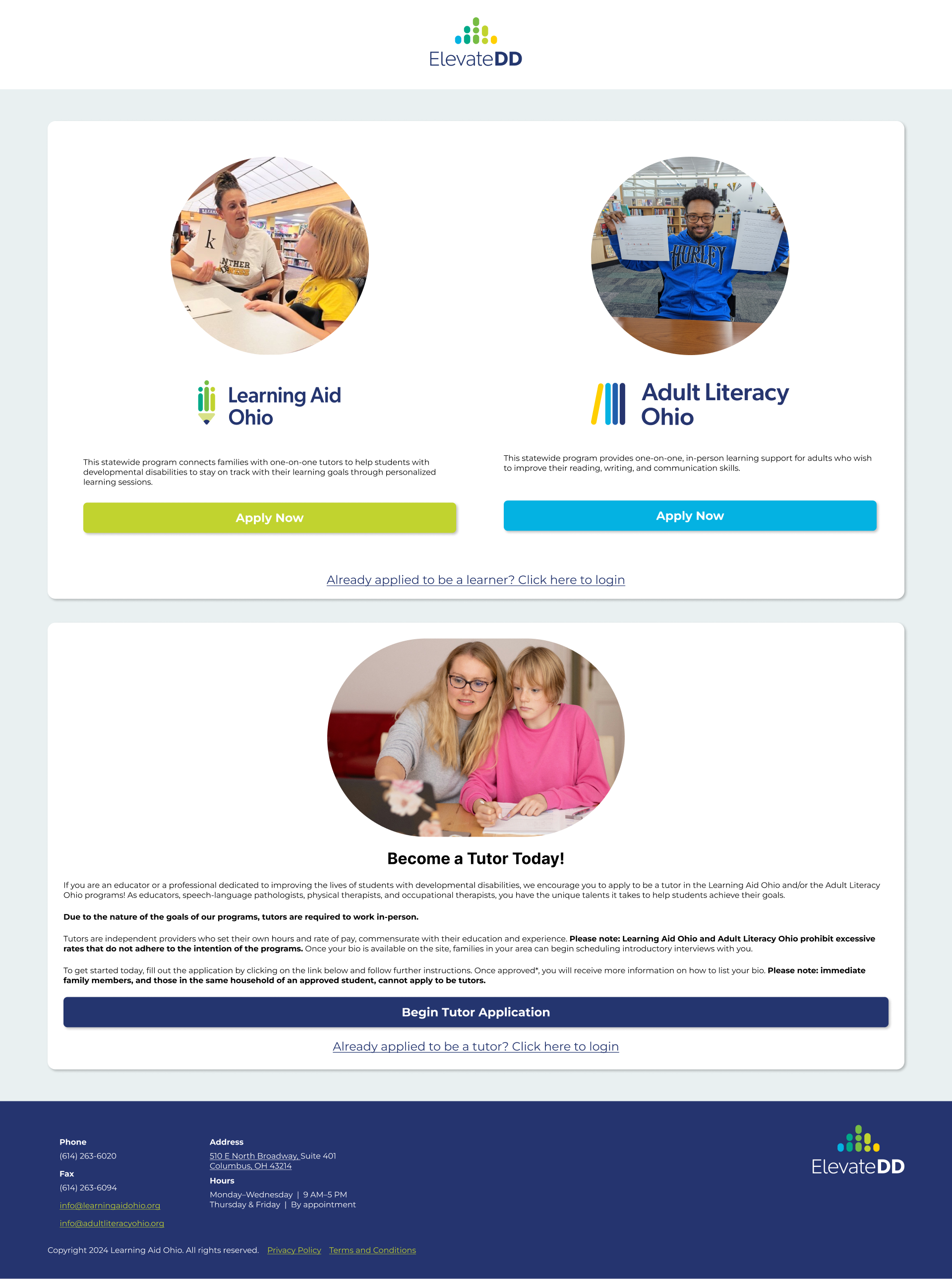 Desktop landing page of the ElevateDD platform