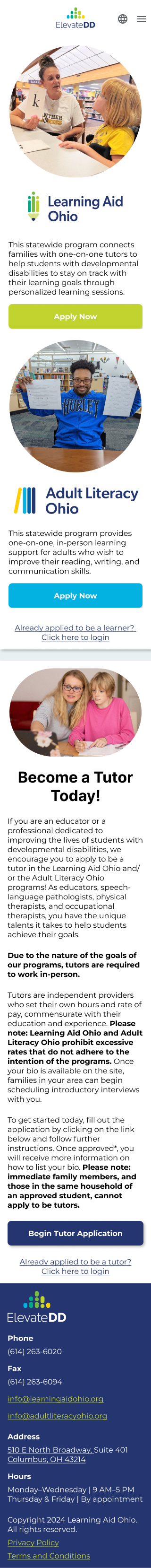 Mobile landing page of the ElevateDD platform