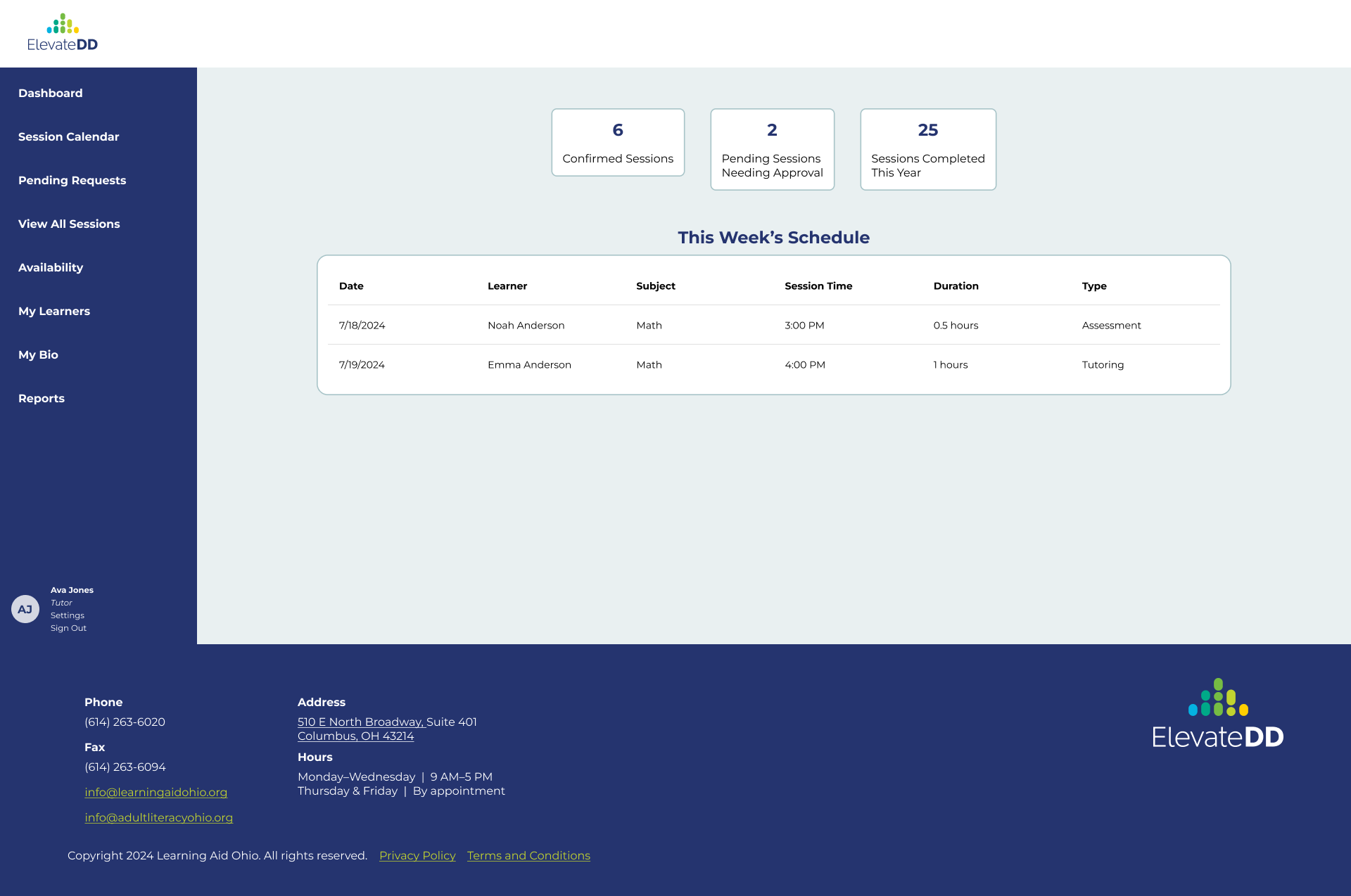 Desktop tutor dashboard of ElevateDD