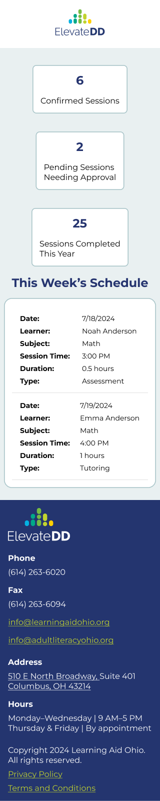 Mobile tutor dashboard of ElevateDD