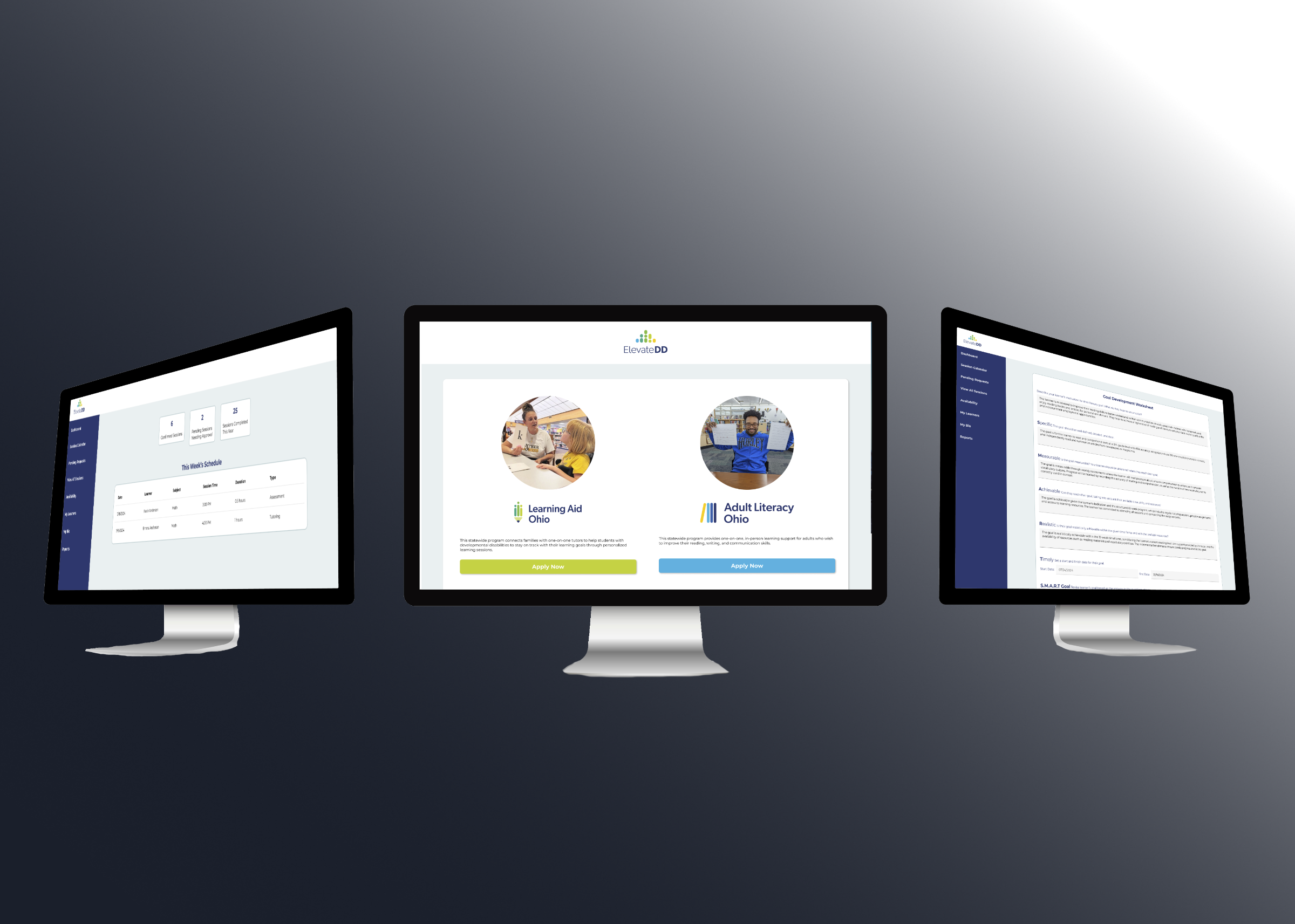 Image of three computer screens displaying pages of the ElevateDD platform