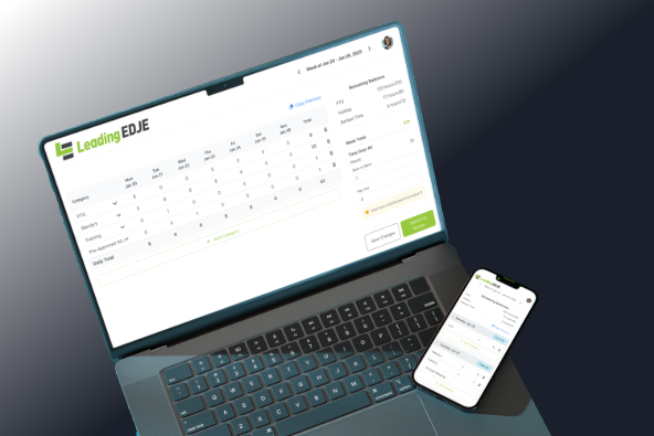 Image of a laptop and cell phone, both displaying the LE Timesheet app
